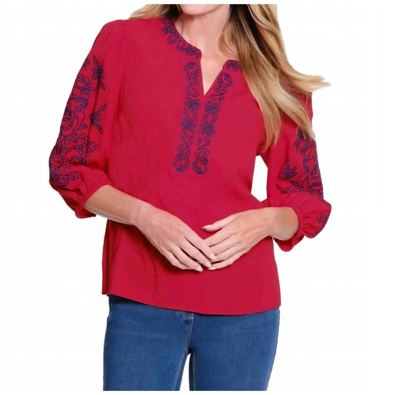 New Multiples Cherry Blossom Embroidered Blouse In Red